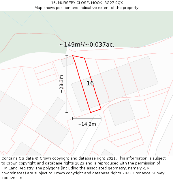 16, NURSERY CLOSE, HOOK, RG27 9QX: Plot and title map