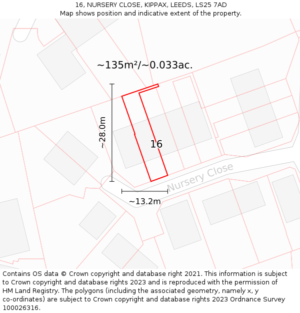 16, NURSERY CLOSE, KIPPAX, LEEDS, LS25 7AD: Plot and title map