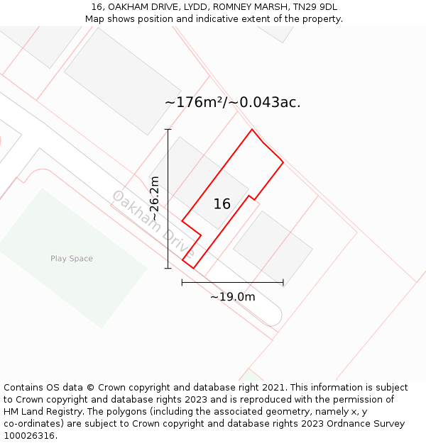 16, OAKHAM DRIVE, LYDD, ROMNEY MARSH, TN29 9DL: Plot and title map