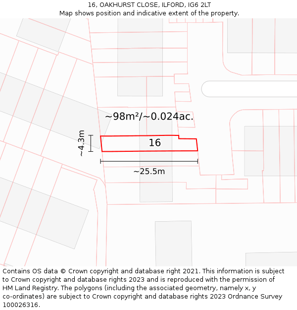 16, OAKHURST CLOSE, ILFORD, IG6 2LT: Plot and title map