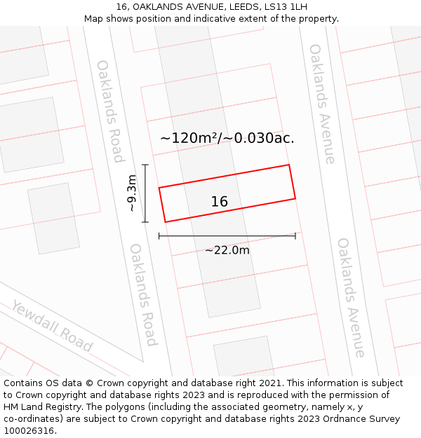 16, OAKLANDS AVENUE, LEEDS, LS13 1LH: Plot and title map