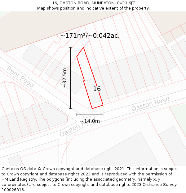 16, OASTON ROAD, NUNEATON, CV11 6JZ: Plot and title map