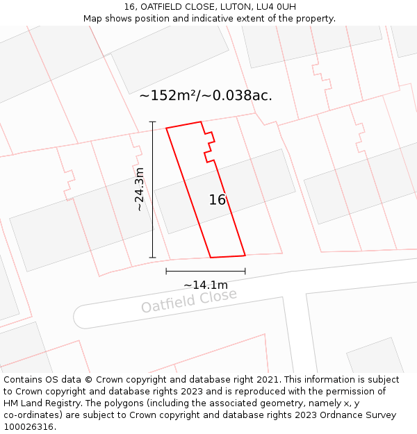 16, OATFIELD CLOSE, LUTON, LU4 0UH: Plot and title map