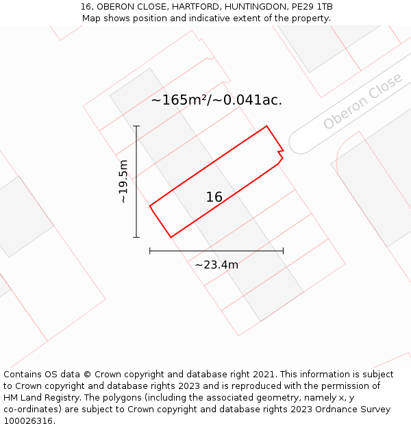 16, OBERON CLOSE, HARTFORD, HUNTINGDON, PE29 1TB: Plot and title map