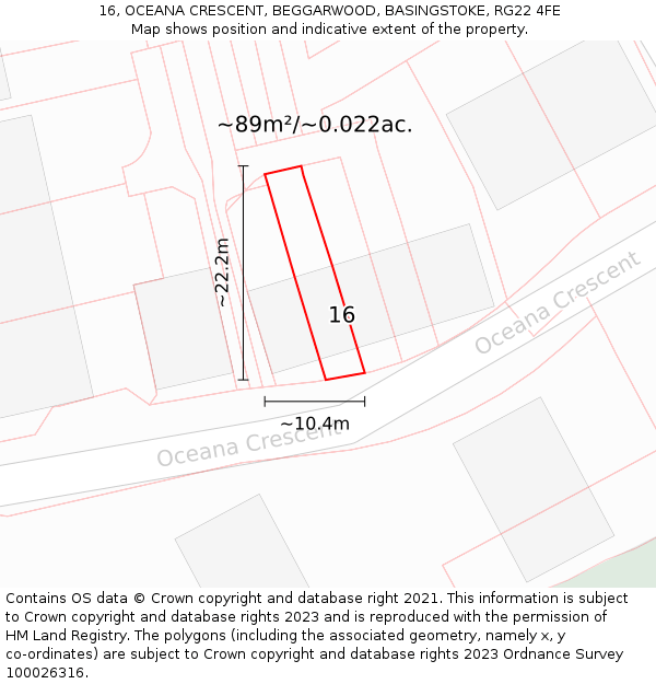16, OCEANA CRESCENT, BEGGARWOOD, BASINGSTOKE, RG22 4FE: Plot and title map