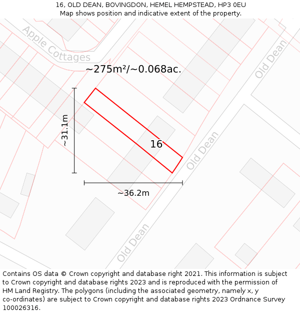 16, OLD DEAN, BOVINGDON, HEMEL HEMPSTEAD, HP3 0EU: Plot and title map