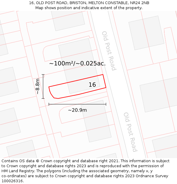 16, OLD POST ROAD, BRISTON, MELTON CONSTABLE, NR24 2NB: Plot and title map