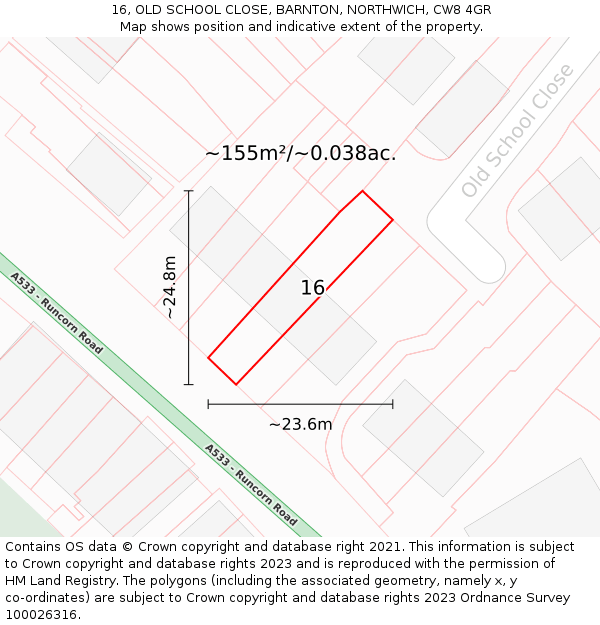 16, OLD SCHOOL CLOSE, BARNTON, NORTHWICH, CW8 4GR: Plot and title map