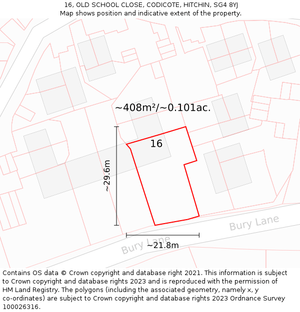 16, OLD SCHOOL CLOSE, CODICOTE, HITCHIN, SG4 8YJ: Plot and title map