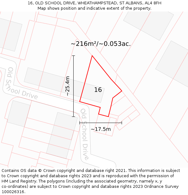 16, OLD SCHOOL DRIVE, WHEATHAMPSTEAD, ST ALBANS, AL4 8FH: Plot and title map