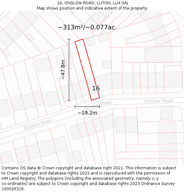 16, ONSLOW ROAD, LUTON, LU4 9AJ: Plot and title map