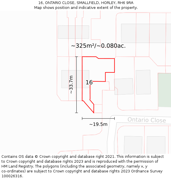 16, ONTARIO CLOSE, SMALLFIELD, HORLEY, RH6 9RA: Plot and title map