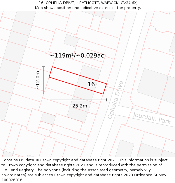 16, OPHELIA DRIVE, HEATHCOTE, WARWICK, CV34 6XJ: Plot and title map