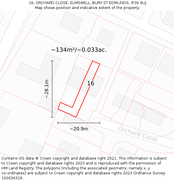 16, ORCHARD CLOSE, ELMSWELL, BURY ST EDMUNDS, IP30 9UJ: Plot and title map