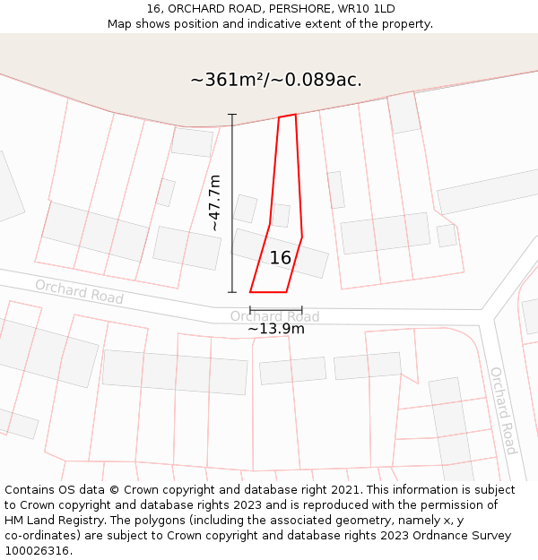 16, ORCHARD ROAD, PERSHORE, WR10 1LD: Plot and title map