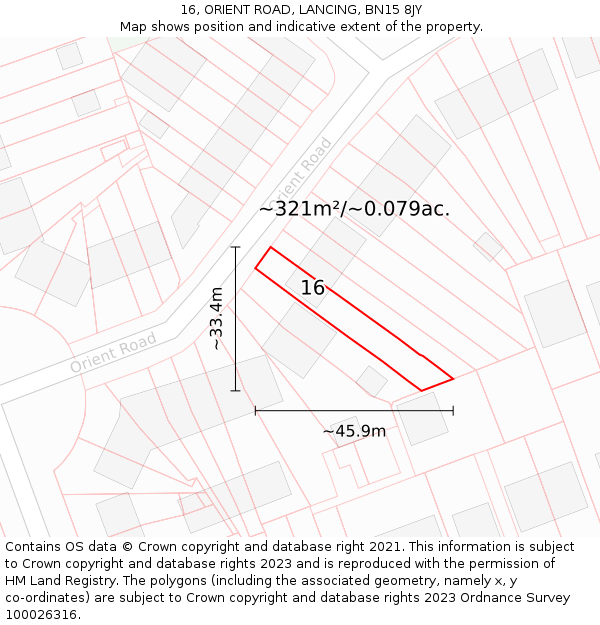 16, ORIENT ROAD, LANCING, BN15 8JY: Plot and title map