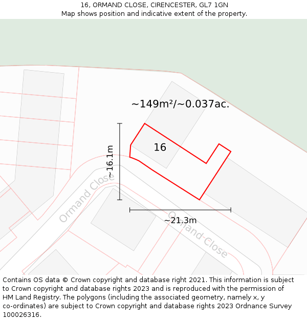 16, ORMAND CLOSE, CIRENCESTER, GL7 1GN: Plot and title map
