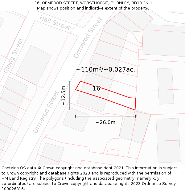 16, ORMEROD STREET, WORSTHORNE, BURNLEY, BB10 3NU: Plot and title map
