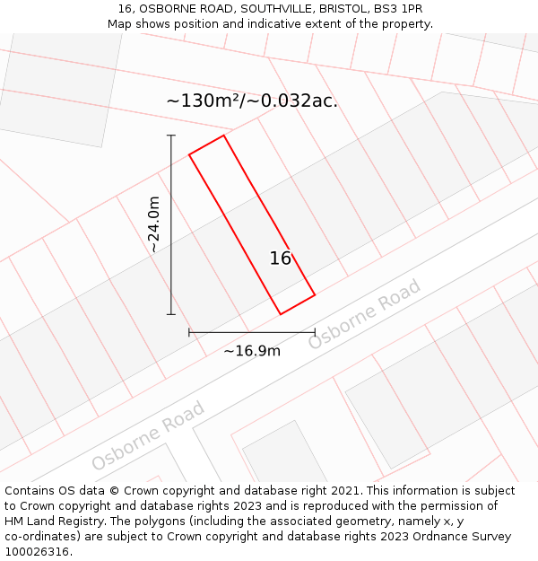 16, OSBORNE ROAD, SOUTHVILLE, BRISTOL, BS3 1PR: Plot and title map