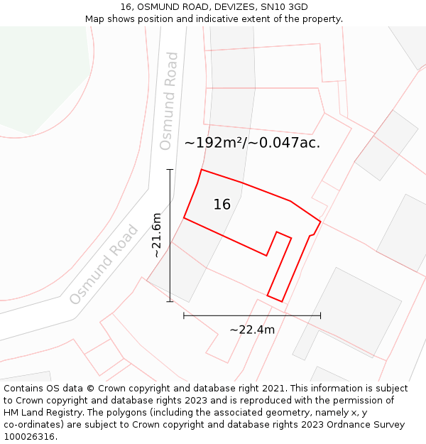 16, OSMUND ROAD, DEVIZES, SN10 3GD: Plot and title map