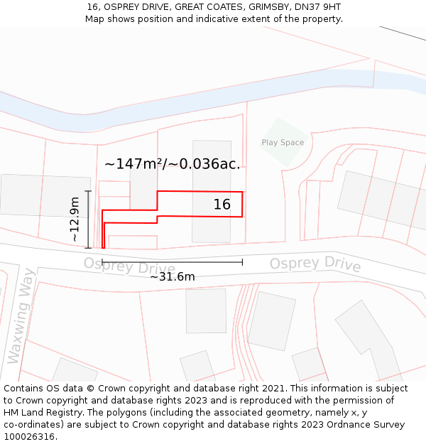 16, OSPREY DRIVE, GREAT COATES, GRIMSBY, DN37 9HT: Plot and title map