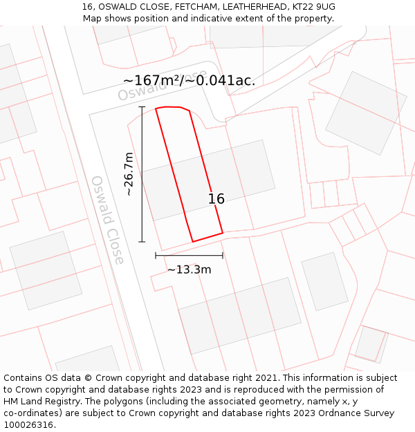 16, OSWALD CLOSE, FETCHAM, LEATHERHEAD, KT22 9UG: Plot and title map
