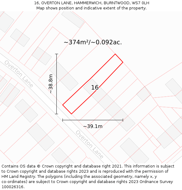 16, OVERTON LANE, HAMMERWICH, BURNTWOOD, WS7 0LH: Plot and title map