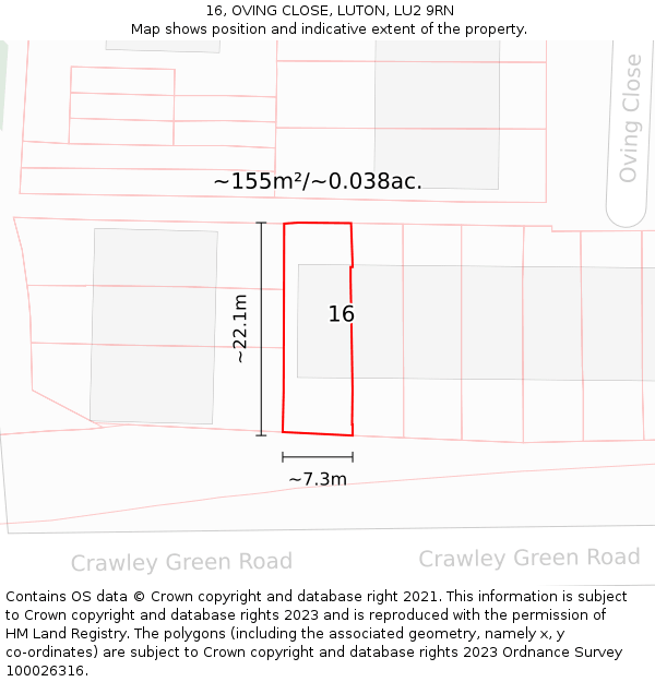 16, OVING CLOSE, LUTON, LU2 9RN: Plot and title map