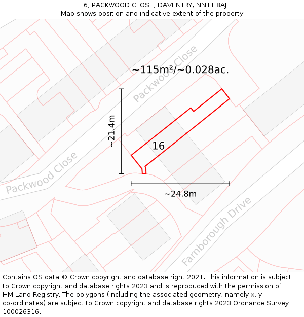 16, PACKWOOD CLOSE, DAVENTRY, NN11 8AJ: Plot and title map