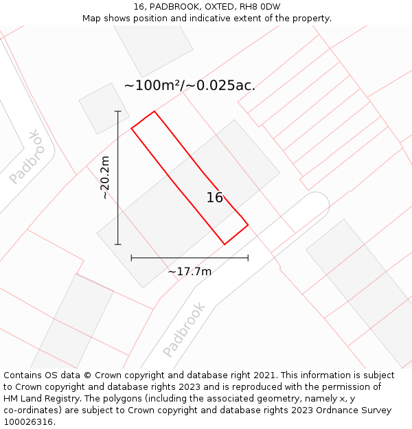 16, PADBROOK, OXTED, RH8 0DW: Plot and title map