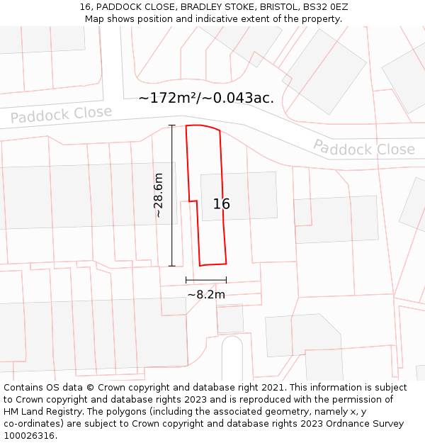 16, PADDOCK CLOSE, BRADLEY STOKE, BRISTOL, BS32 0EZ: Plot and title map