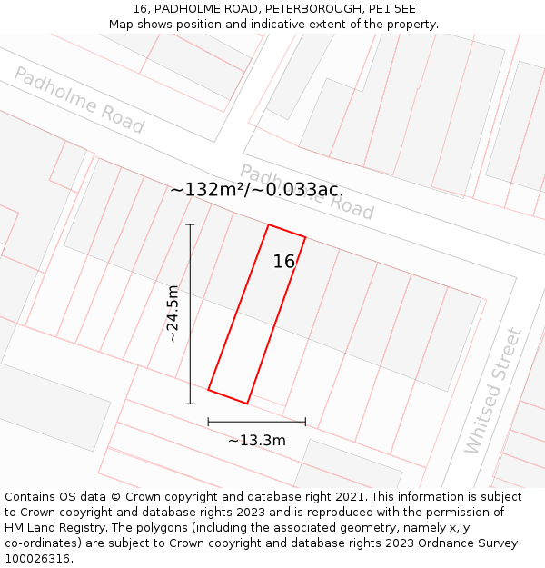 16, PADHOLME ROAD, PETERBOROUGH, PE1 5EE: Plot and title map