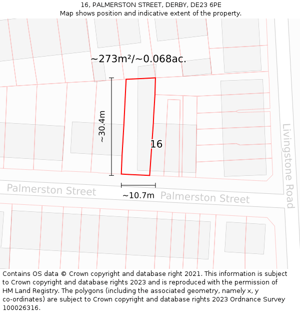 16, PALMERSTON STREET, DERBY, DE23 6PE: Plot and title map