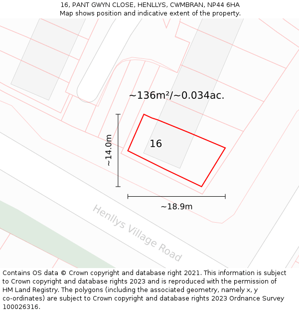 16, PANT GWYN CLOSE, HENLLYS, CWMBRAN, NP44 6HA: Plot and title map