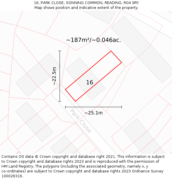 16, PARK CLOSE, SONNING COMMON, READING, RG4 9RY: Plot and title map