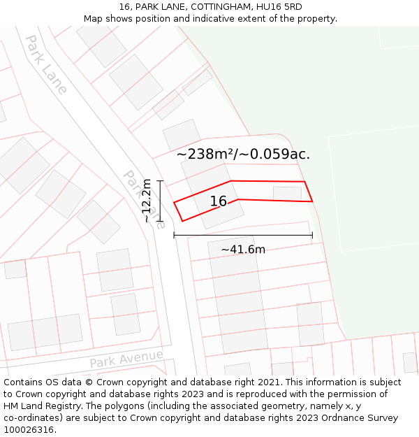 16, PARK LANE, COTTINGHAM, HU16 5RD: Plot and title map