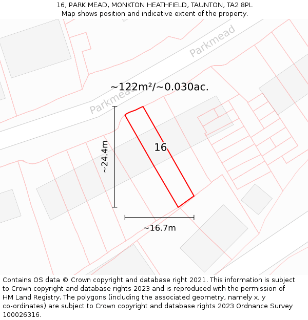 16, PARK MEAD, MONKTON HEATHFIELD, TAUNTON, TA2 8PL: Plot and title map
