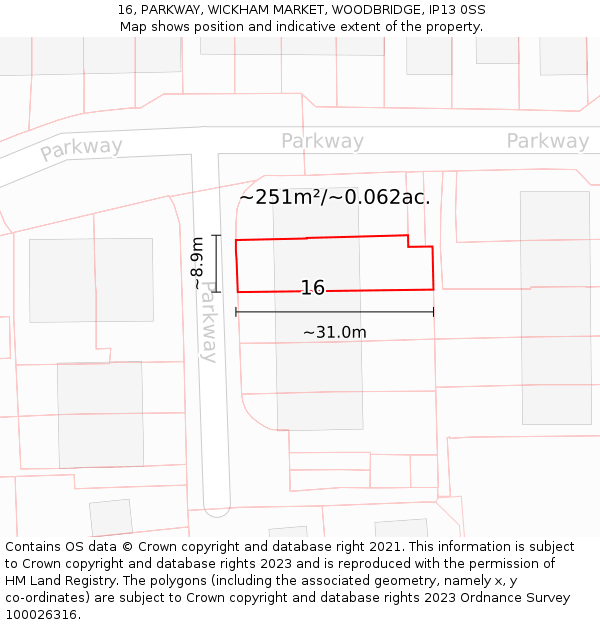 16, PARKWAY, WICKHAM MARKET, WOODBRIDGE, IP13 0SS: Plot and title map