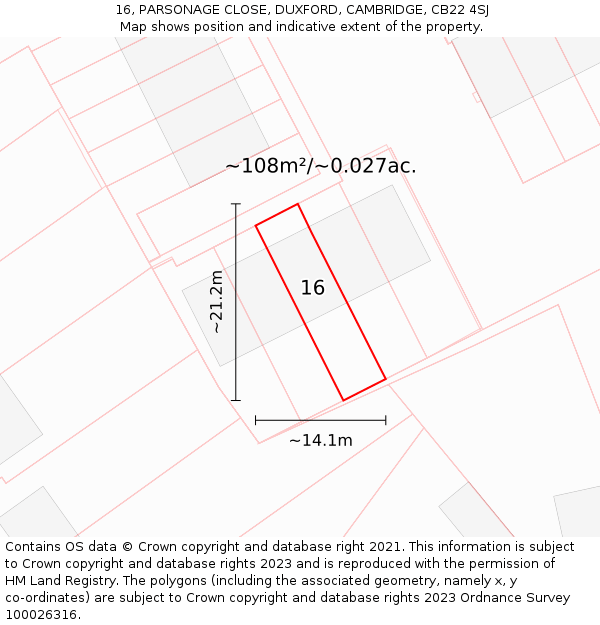 16, PARSONAGE CLOSE, DUXFORD, CAMBRIDGE, CB22 4SJ: Plot and title map