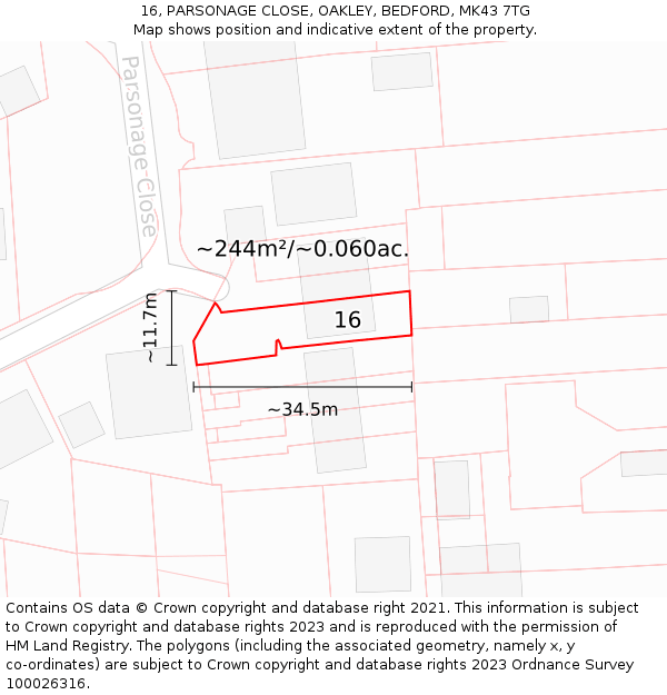 16, PARSONAGE CLOSE, OAKLEY, BEDFORD, MK43 7TG: Plot and title map
