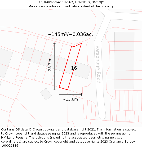 16, PARSONAGE ROAD, HENFIELD, BN5 9JG: Plot and title map