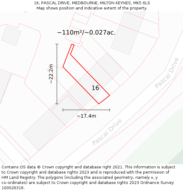 16, PASCAL DRIVE, MEDBOURNE, MILTON KEYNES, MK5 6LS: Plot and title map