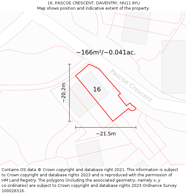 16, PASCOE CRESCENT, DAVENTRY, NN11 9YU: Plot and title map
