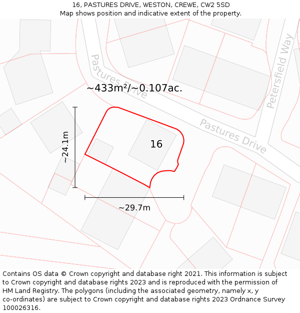 16, PASTURES DRIVE, WESTON, CREWE, CW2 5SD: Plot and title map