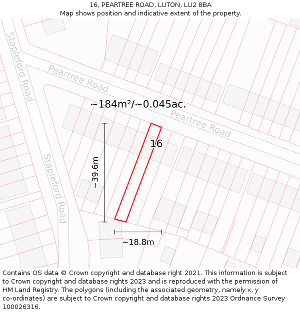 16, PEARTREE ROAD, LUTON, LU2 8BA: Plot and title map