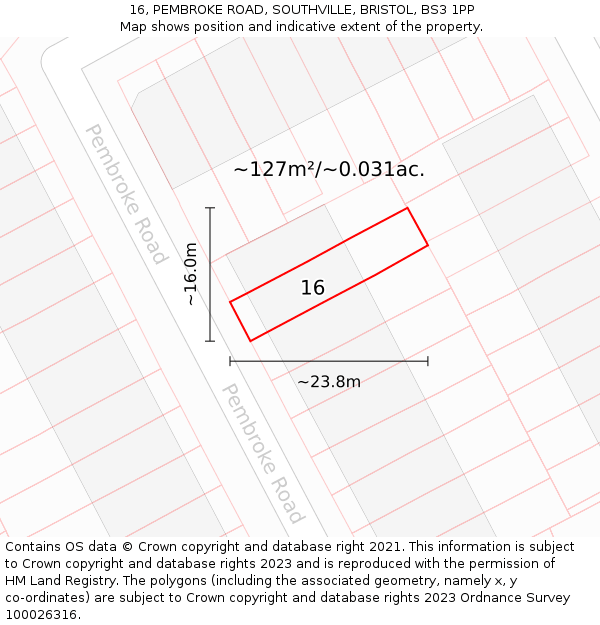 16, PEMBROKE ROAD, SOUTHVILLE, BRISTOL, BS3 1PP: Plot and title map
