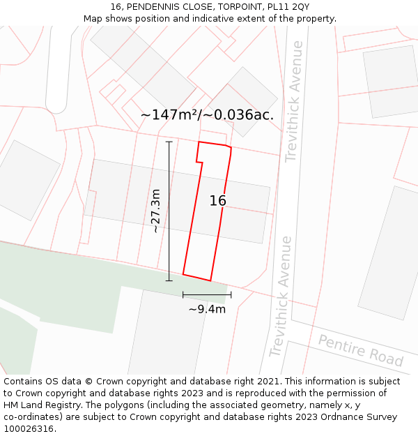 16, PENDENNIS CLOSE, TORPOINT, PL11 2QY: Plot and title map