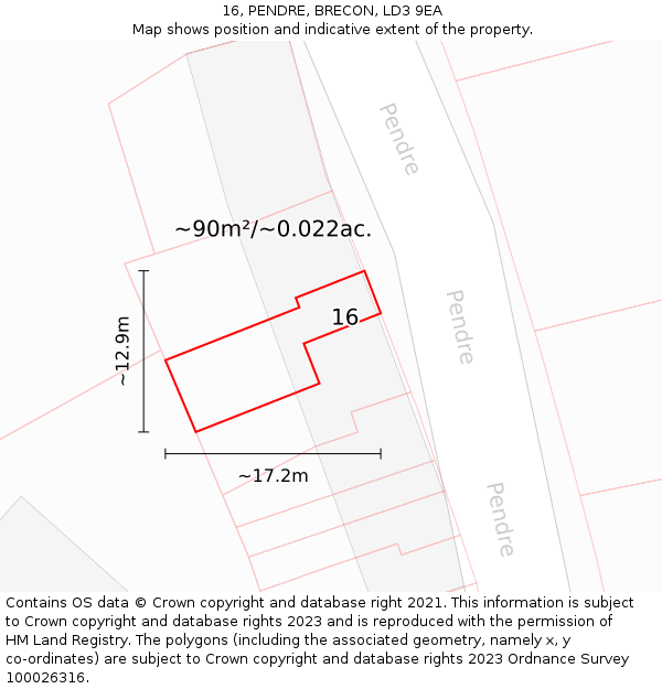 16, PENDRE, BRECON, LD3 9EA: Plot and title map