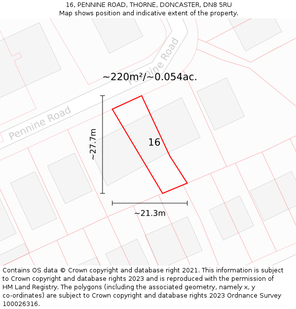 16, PENNINE ROAD, THORNE, DONCASTER, DN8 5RU: Plot and title map