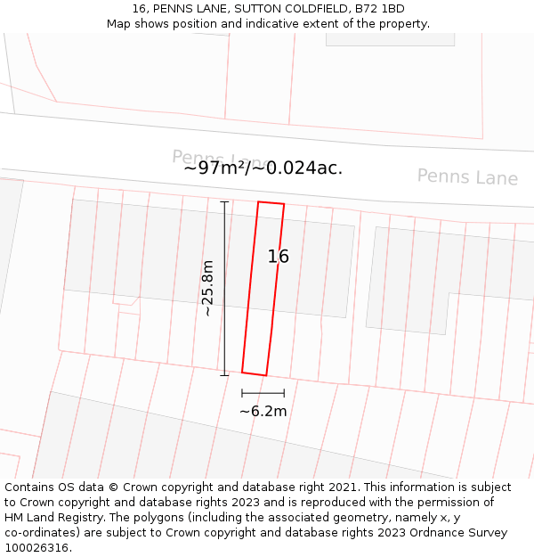 16, PENNS LANE, SUTTON COLDFIELD, B72 1BD: Plot and title map